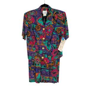 Vintage 90s Skirt Suit Set Abstract Geometric Print Office USA Size 12 Petite